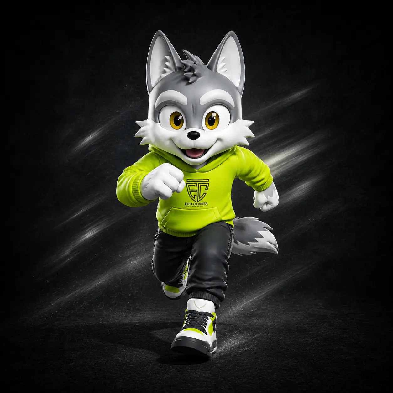 Mascote oficial da Edu Corrêa Fotografia Esportiva correndo em pose esportiva