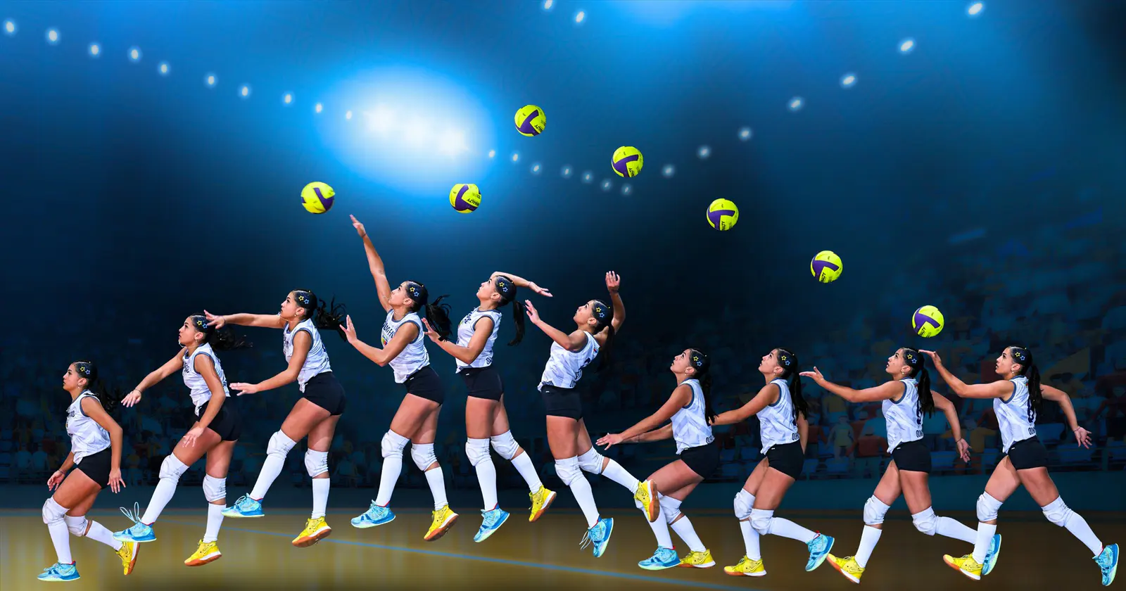 Sequência fotográfica de atleta atacando a bola no vôlei